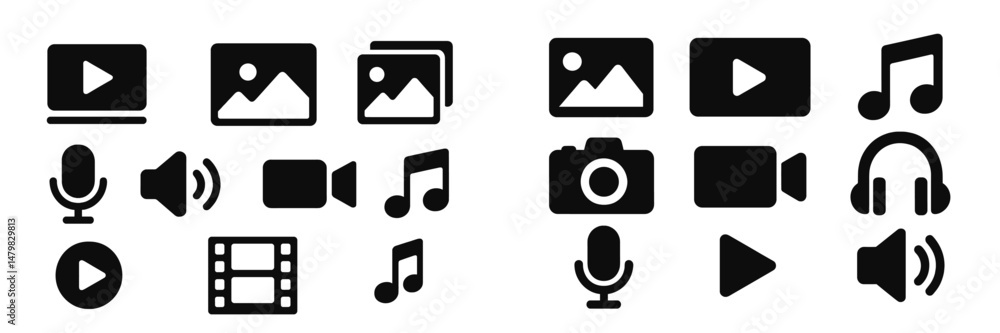 Aufkleber Collection of web icons representing multimedia functions including audio, video, and image formats for digital applications