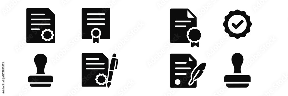 Poster set of black and white web icons representing documents, certifications, and stamps for digital comm