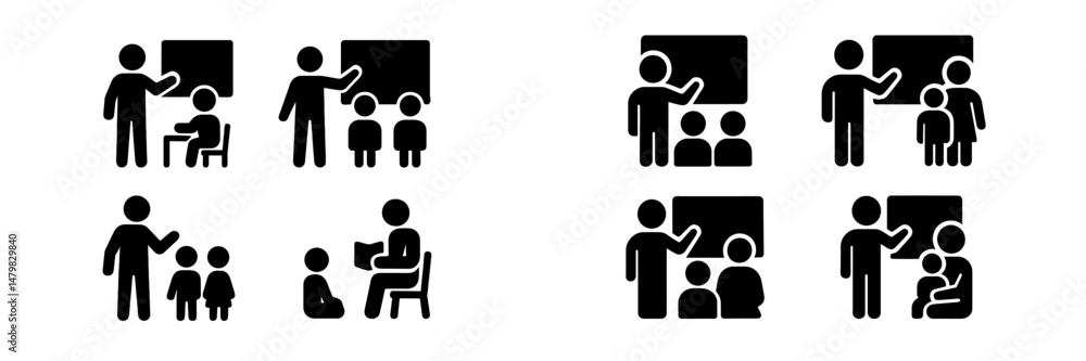 Poster collection of web icons depicting various educational activities and interactions in a classroom env