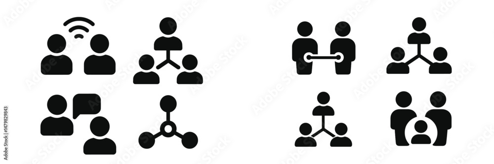 Poster collection of web icons depicting social interaction and communication concepts for digital applicat