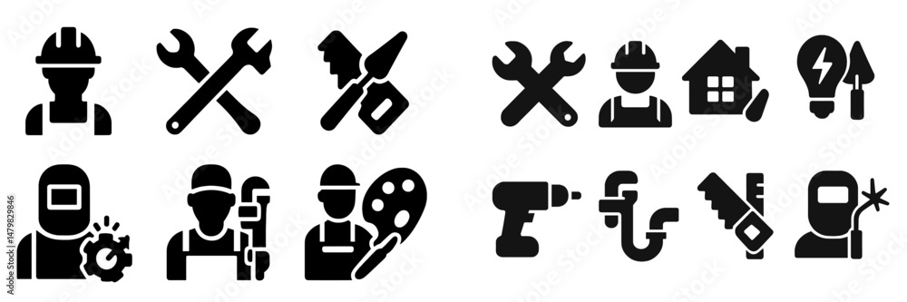 Aufkleber collection of black and white web icons representing various trades and tools for construction and r