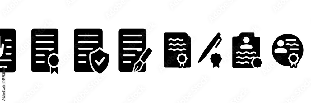 Poster collection of web icons representing various document types and related activities for digital usage