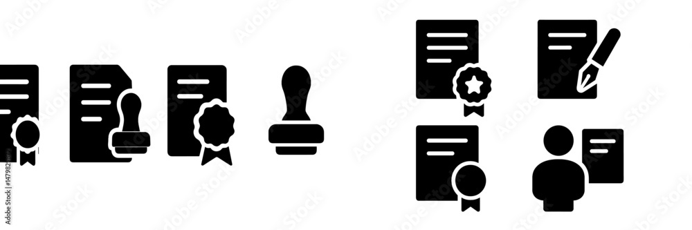 Poster collection of web icons representing certification, documentation, and identification processes in a