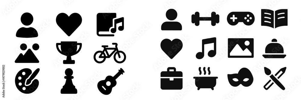 Poster collection of web icons representing diverse activities, hobbies, and interests for digital interfac