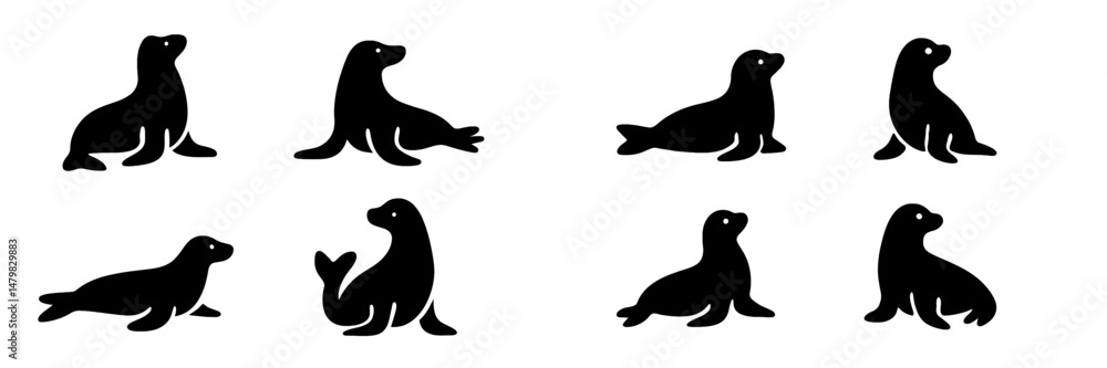Aufkleber Collection of web icons featuring stylized black seals in various poses for digital design and user interface needs, perfect for marine life themes