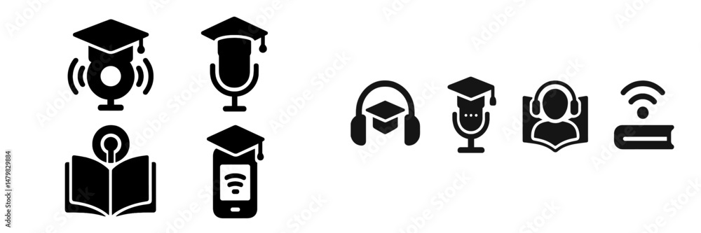 Aufkleber set of web icons representing educational tools, technology devices, and audio features for learning