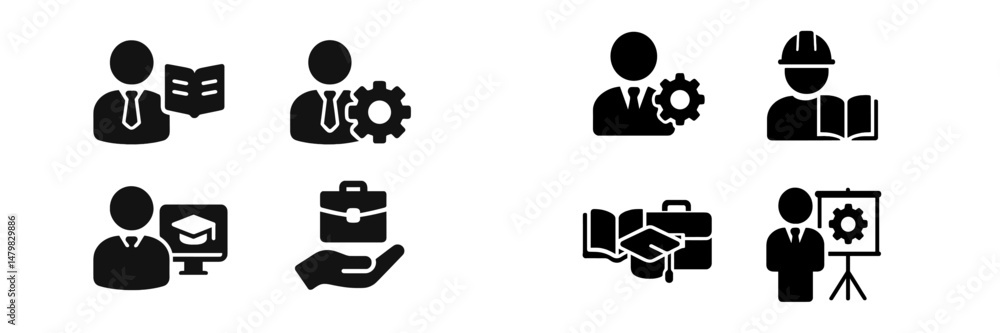 Poster Collection of web icons representing various professional roles and activities in a modern workplace setting