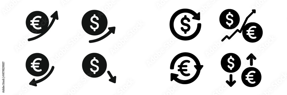 Poster Set of web icons depicting currency trends with euro and dollar symbols showing upward and downward movements
