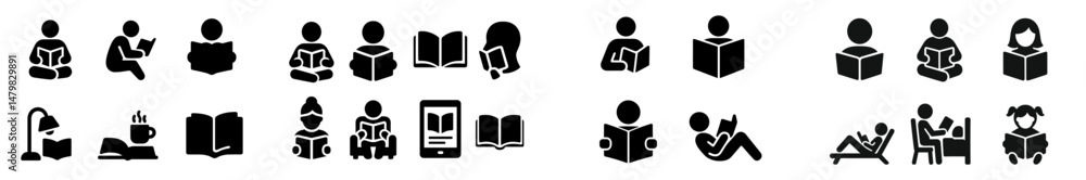Poster collection of web icons representing various reading and studying activities for educational use