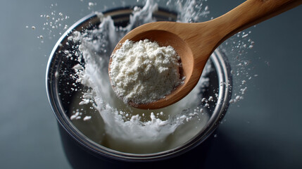 Pouring powdered soup into boiling water creates splash, showcasing blend of ingredients. wooden spoon adds natural touch