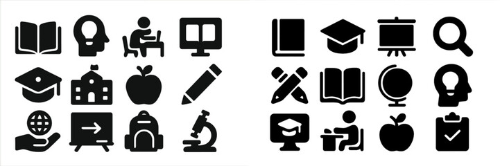 Collection of educational web icons showcasing various learning and teaching concepts in a minimalist style