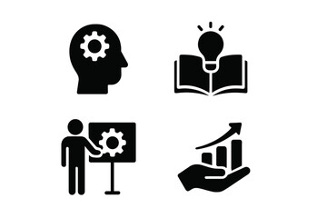 Collection of web icons representing ideas, learning, growth, and presentation skills