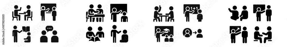 Poster collection of web icons illustrating various collaborative activities and communication styles among
