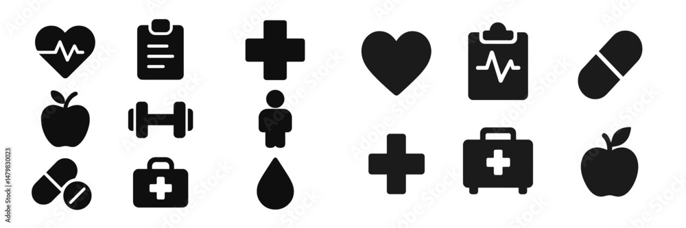 Poster web icons representing health and wellness concepts for digital design resources