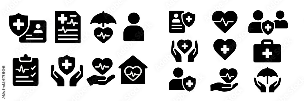 Poster collection of web icons featuring healthcare and insurance symbols for digital use in various applic