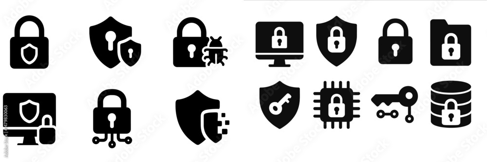 Aufkleber collection of web icons focusing on security themes featuring shields, locks, and related symbols