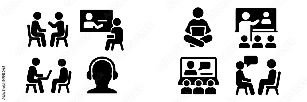 Fototapete collection of web icons illustrating various online communication and collaboration scenarios for di