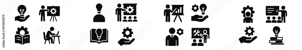 Poster various web icons representing teamwork, innovation, education, and strategy in a digital workspace 