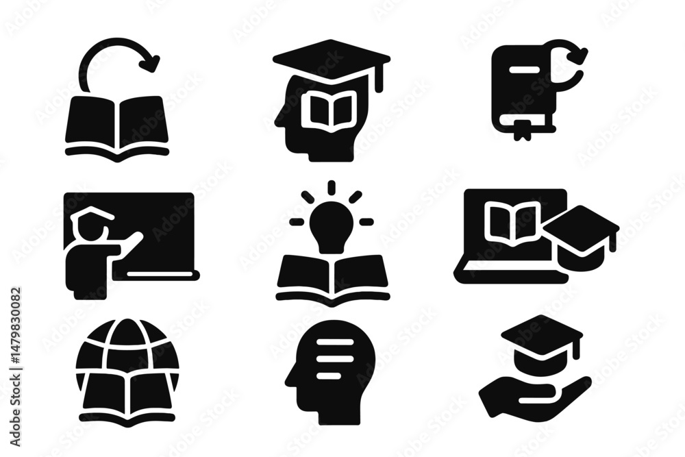 Poster collection of web icons representing education, learning, and knowledge sharing in a modern design