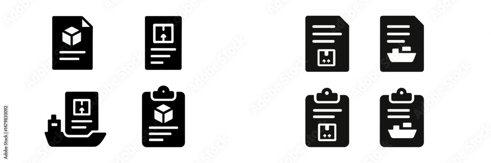 Poster collection of black web icons representing documents, shipping, and inventory management tools for d
