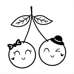 Black and white groovy cherry doodle, cartoon summer berry character. Adorable hand drawn vector illustration in flat style
