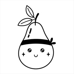Black and white groovy pear doodle, cute cartoon summer fruit character. Adorable hand drawn vector illustration in flat style