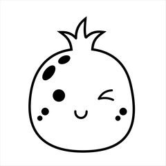 Black and white groovy garnet doodle, cartoon fruit character. Adorable hand drawn vector illustration in flat style