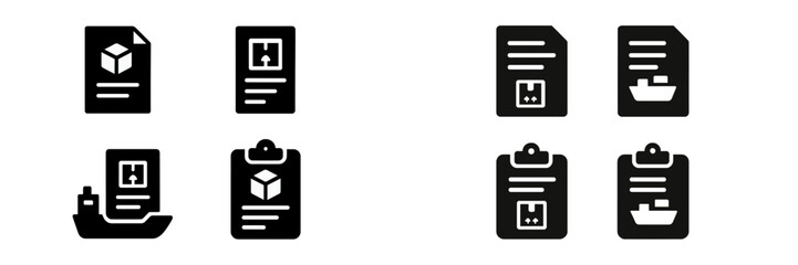 Collection of black web icons representing documents, shipping, and inventory management tools for digital use