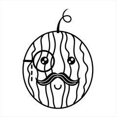 Black and white groovy watermelon doodle, cute cartoon summer berry character. Adorable hand drawn vector illustration in flat style