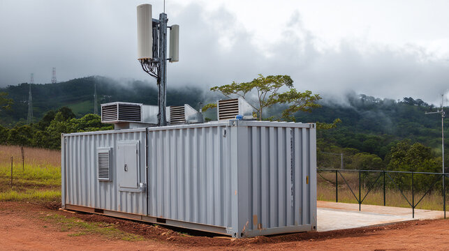 Telecommunication tower base station equipment shelter outdoors with cloudy mountain view