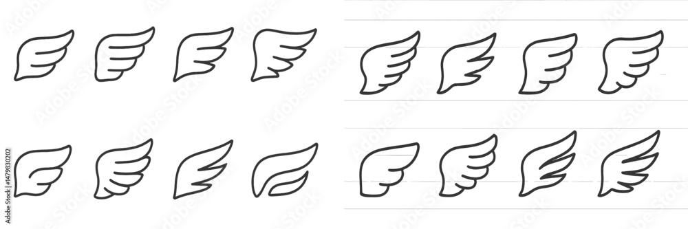 Poster set of web icons featuring various styles of wings for digital design and interface use