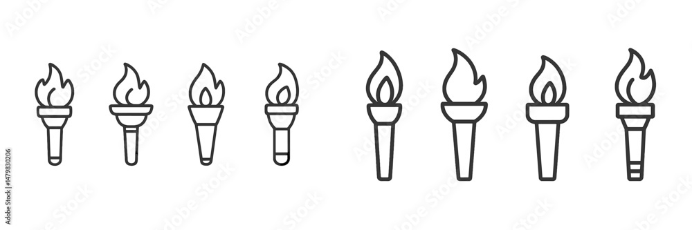 Poster set of web icons featuring various torch designs with flames in a simple and minimalist style