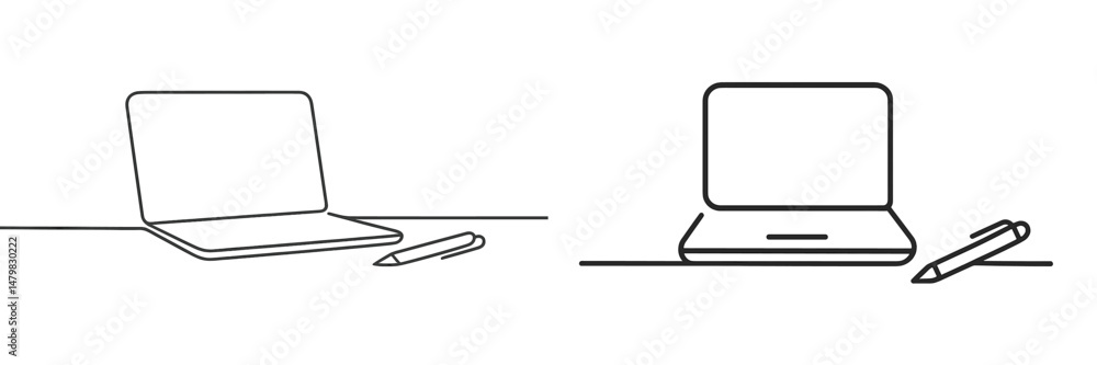 Poster set of minimalistic web icons depicting a laptop and writing instruments on a desk