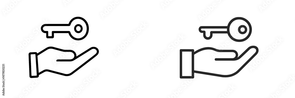 Poster set of simple web icons depicting a key above an open hand, illustrating concepts of access and secu