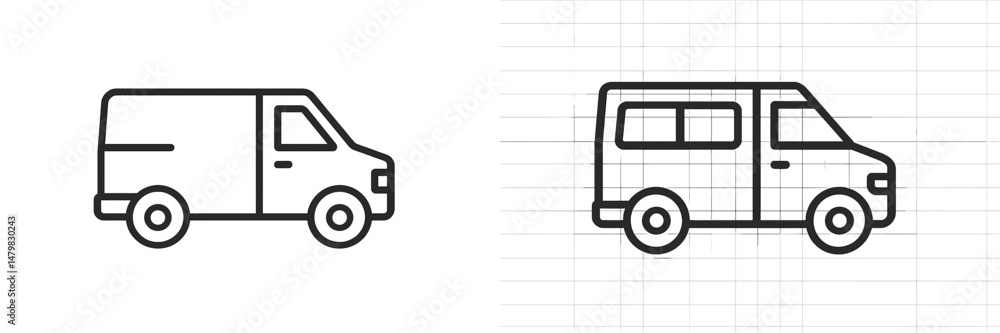 Poster collection of web icons featuring simple line art designs of delivery vans on a grid background