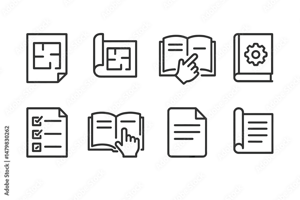 Leinwandbilder set of eight minimalistic web icons representing planning, reading, and documentation activities for