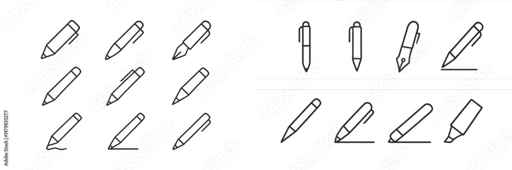 Poster collection of web icons featuring various pen designs arranged in a grid layout for digital use