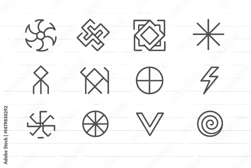 Fototapete set of minimalist web icons showcasing various geometric shapes and symbols for digital design appli