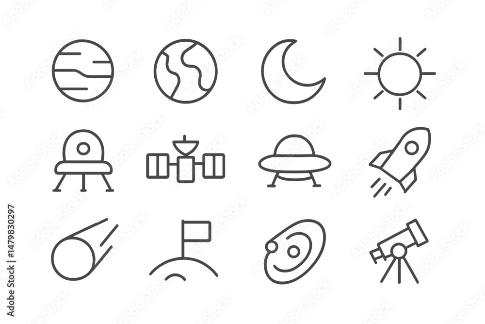 Poster Collection of web icons representing space and celestial themes featuring planets, spacecraft, and astronomical elements