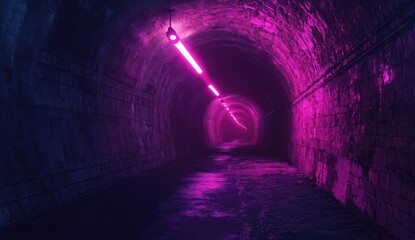Dark tunnel, glowing pink lights illuminate the way.  A long, stone passageway extends into the distance, bathed in a vibrant magenta hue