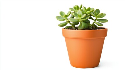 Fototapeta premium A vibrant jade plant thrives in a terracotta pot against a clean white background showcasing its lush green leaves and healthy growth perfect for home or office decor.