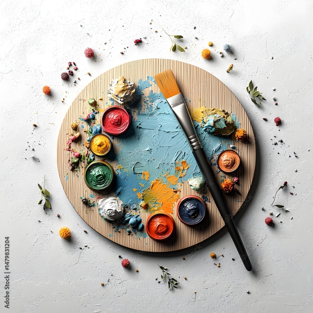 Poster a wooden palette showcasing a diverse array of vibrant paint colors brushes and tools set against a 