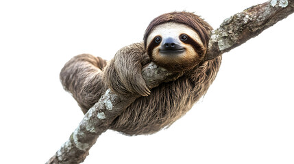 Cute Sloth Hanging on Tree Branch Isolated on White Background