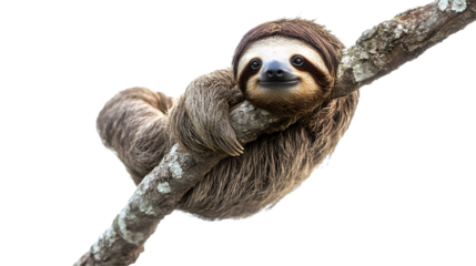 Cute Sloth Hanging on Tree Branch Isolated on White Background