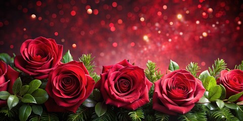 Obraz premium Vibrant red roses arranged in a elegant floral composition against a deep crimson festive background, surrounded by lush greenery and decorative elements, flowers, Christmas decorations