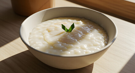 Creamy Rice Pudding in a Bowl, Sunlit Kitchen Setting