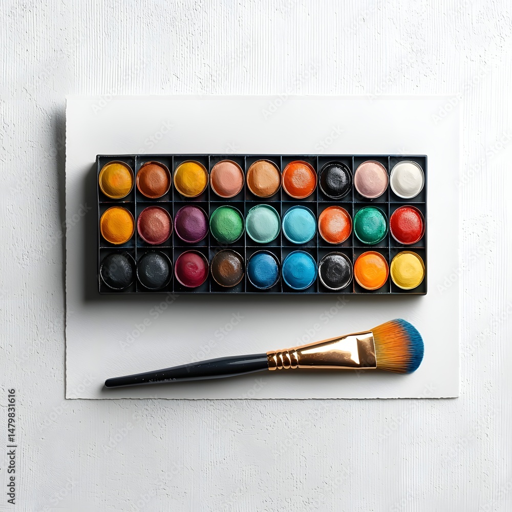 Poster a rectangular box filled with a diverse array of colorful watercolor paints accompanied by a wet pai