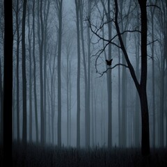 Misty forest scene with lone butterfly. Silhouettes of tall trees in a dense, foggy woodland. A single butterfly rests on a bare branch