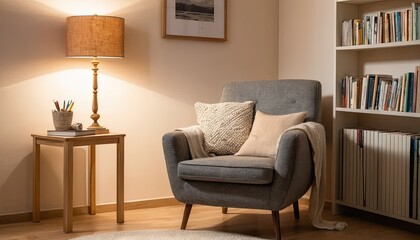 Cozy Armchair in Warmly Lit Living Room with Bookshelf