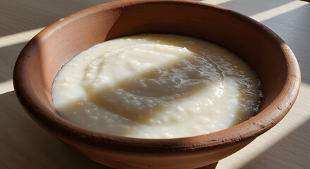 Fototapeta premium Creamy White Porridge in Rustic Terracotta Bowl